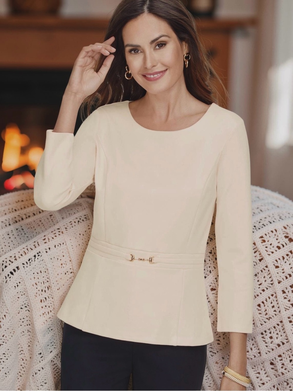 Talbots Cream Ponte Peplum 3/4 Sleeve Top with a Horse Bit Buckle at Waist Large